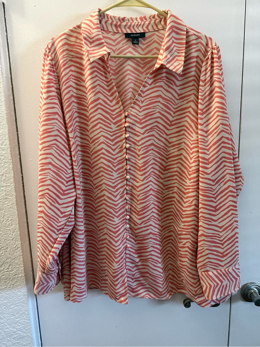 Alfani Coral and Cream Zebra-Print Button-Down Blouse
